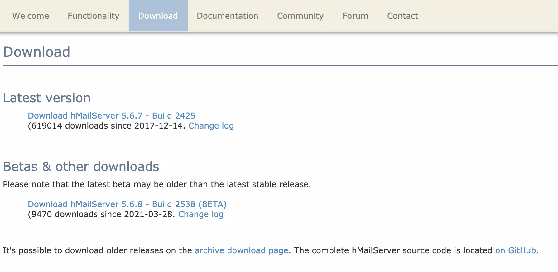 Page de téléchargement de HMailServer