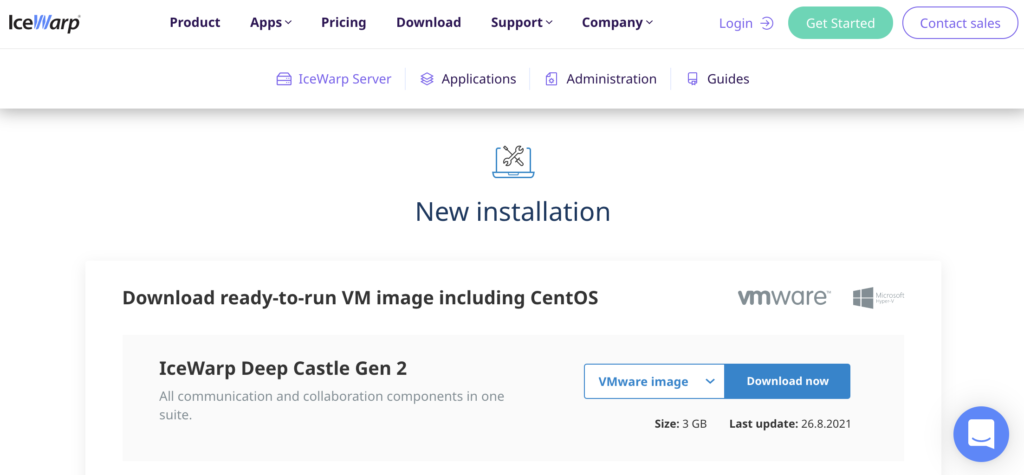 Site IceWarp avec section d'installation et liens de téléchargement