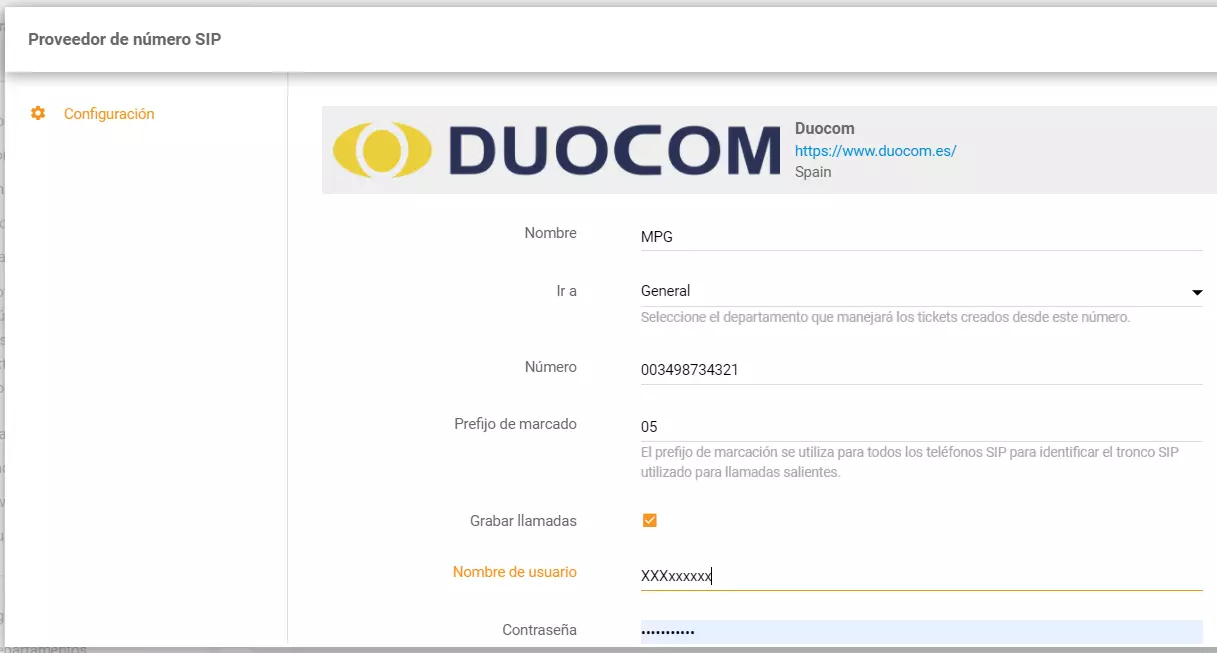 Configurez le numéro de téléphone Duocom dans LiveAgent