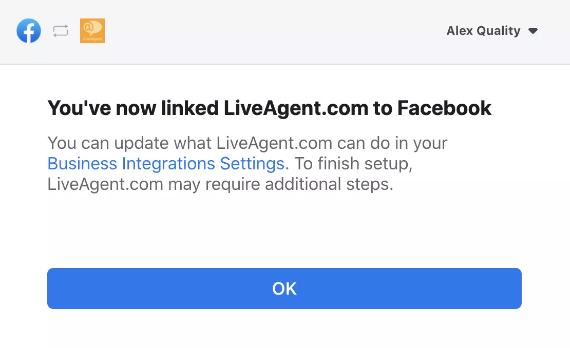 Pop up window confirming the successful integration between Facebook and LiveAgent