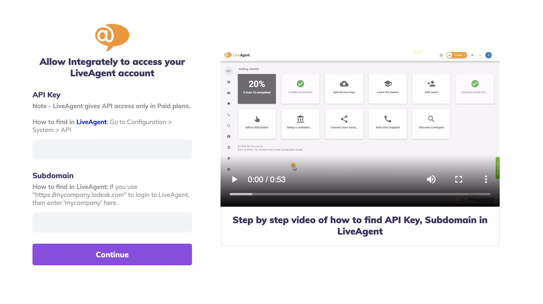 Champs de clé API et de sous-domaine dans le test d'intégration Integrately