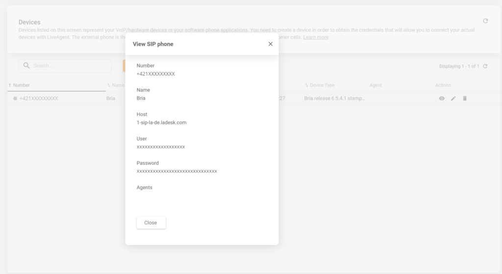 Paramètres SIP de LiveAgent