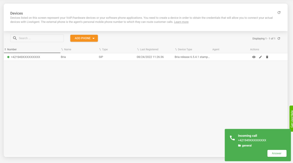 Gestion des appels Bria de LiveAgent