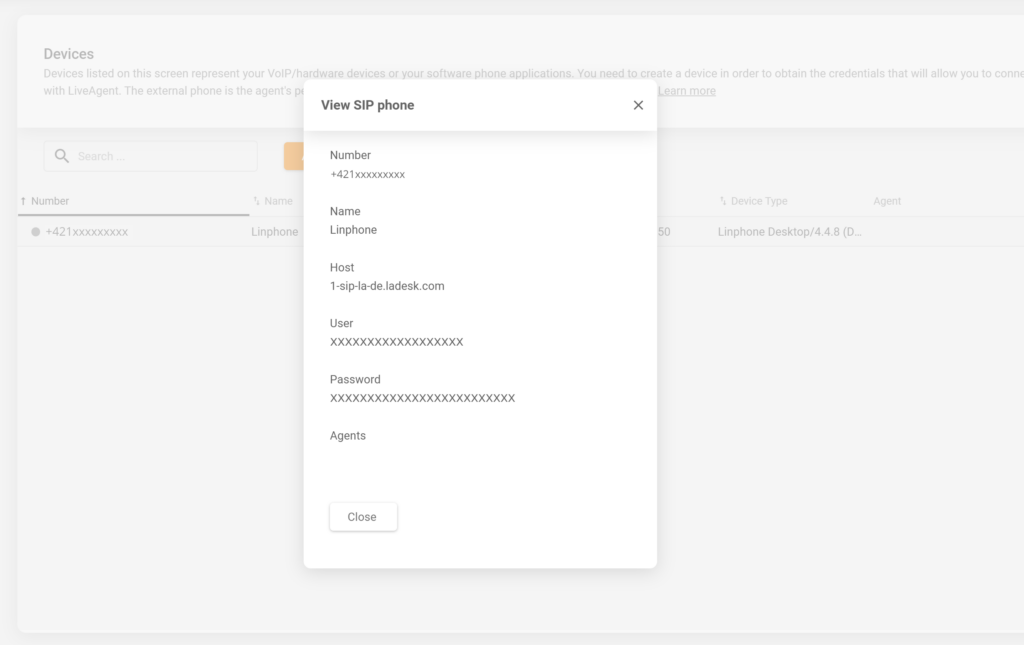 Configuration de l'appareil SIP LiveAgent