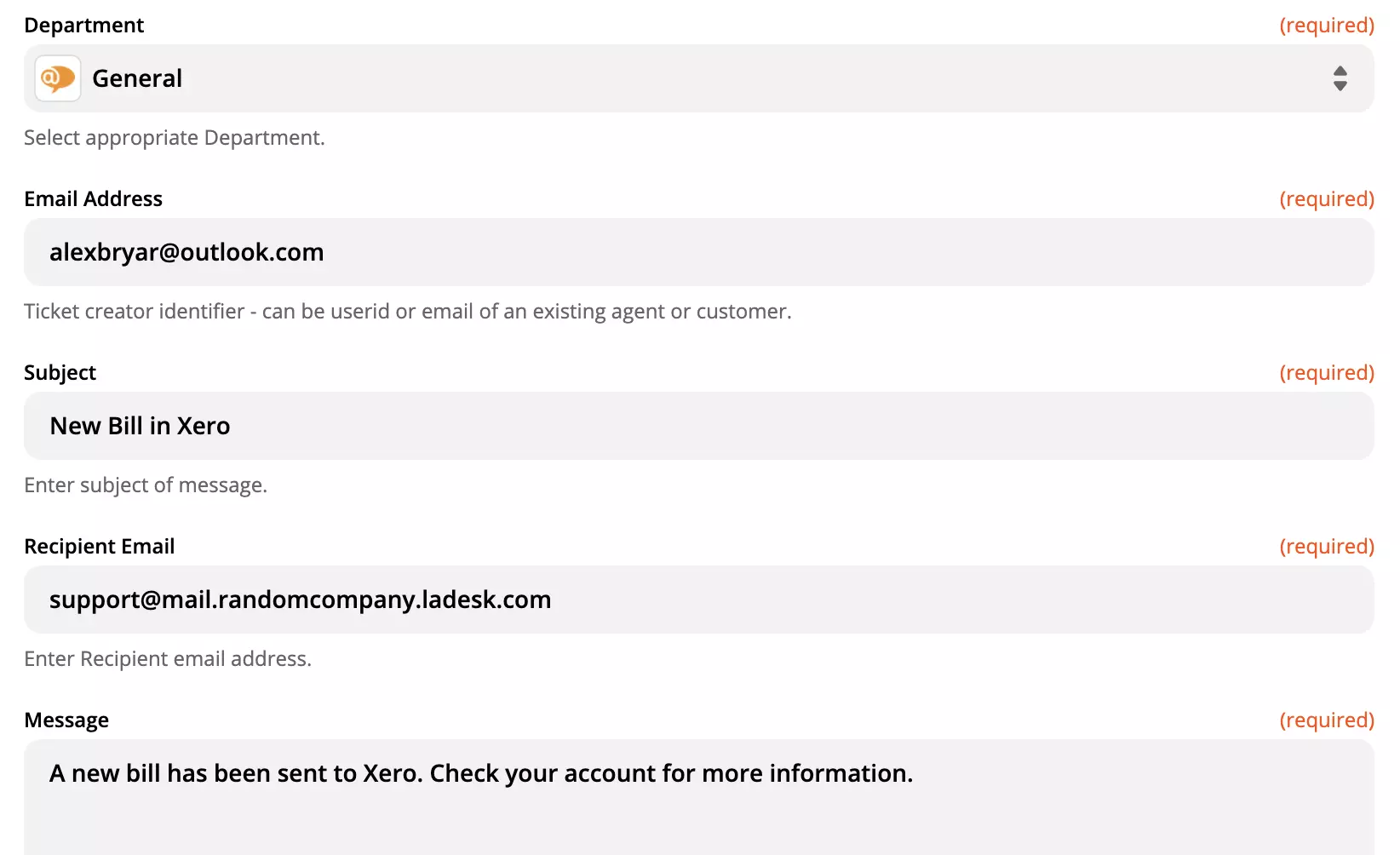Options de configuration de l'action LiveAgent sur le site Zapier