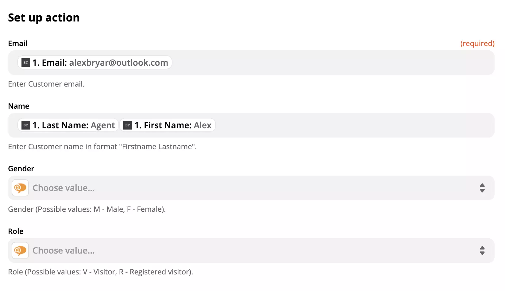 Configuration de l'action LiveAgent avec des données dans les champs sur Zapier