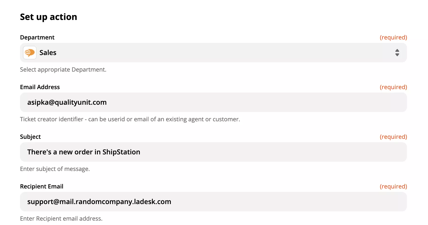 Configuration de l'action LiveAgent