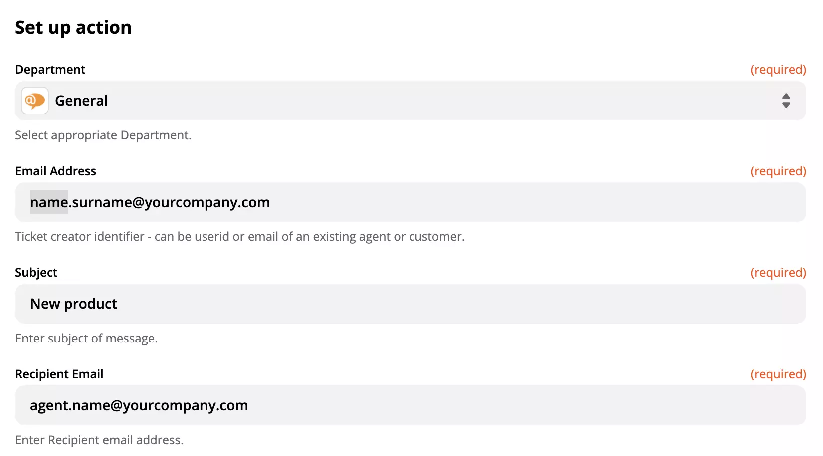 Configuration de l'action LiveAgent dans l'intégration Zapier