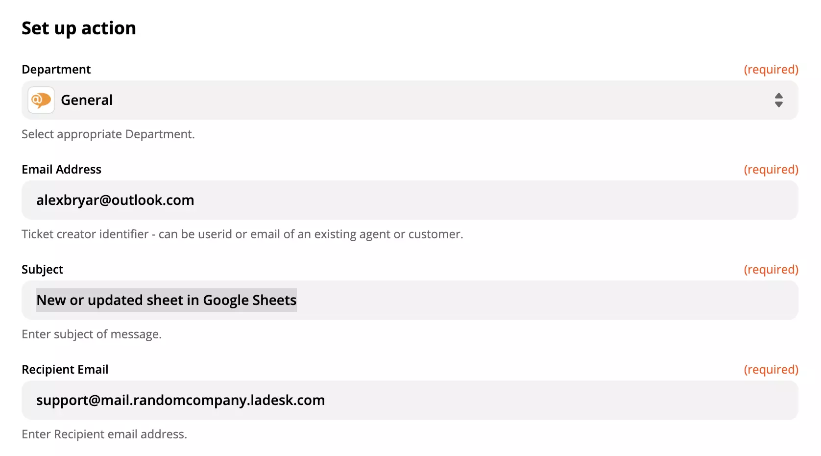 Configuration de l'action LiveAgent dans l'intégration Google Sheets