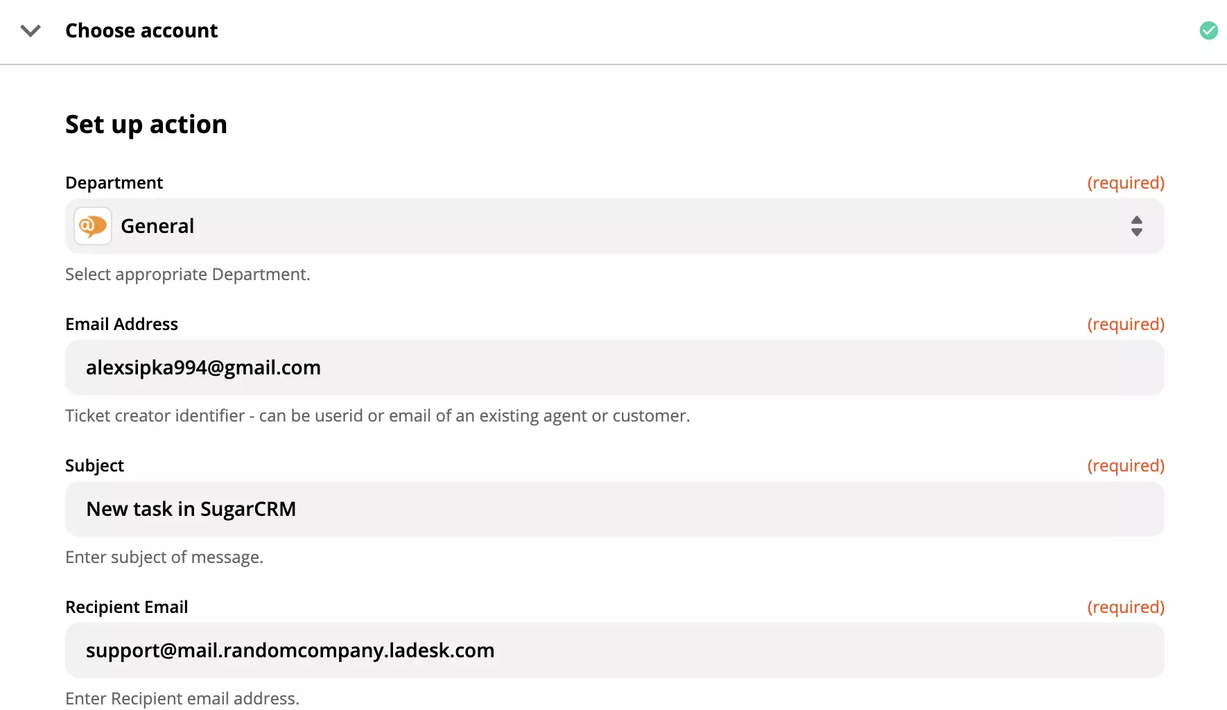 Configuration de l'action LiveAgent sur Zapier