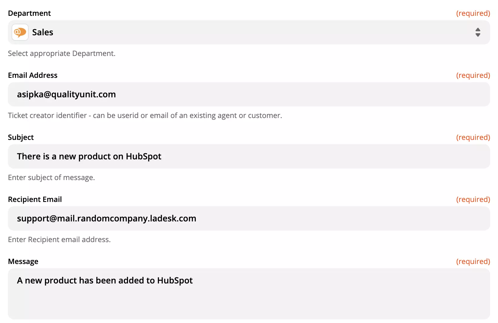 Configuration de l'action LiveAgent sur Zapier
