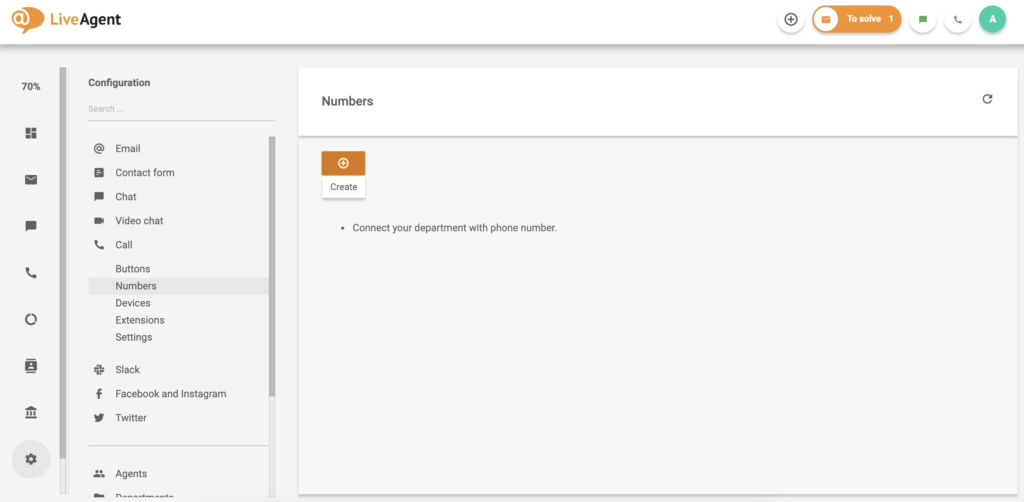 LiveAgent call number screen with the option to create a new number