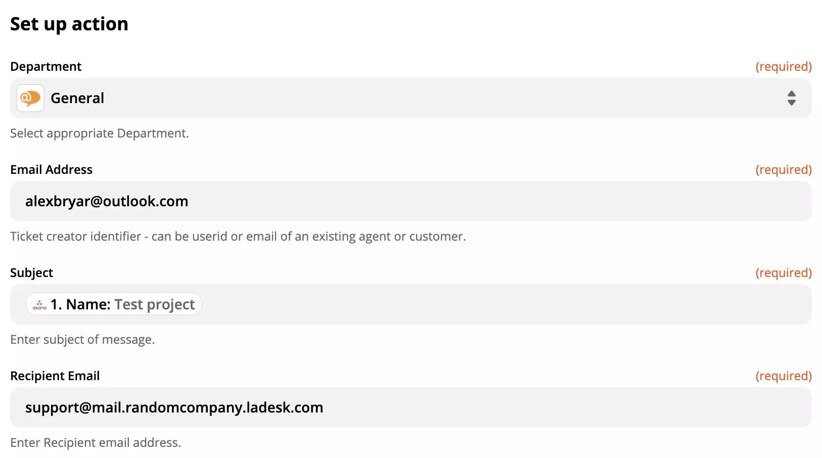 Configuration de l'action LiveAgent dans l'intégration Asana sur Zapier