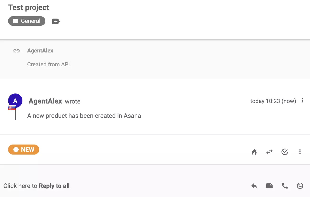 Un message concernant un nouveau projet dans Asana