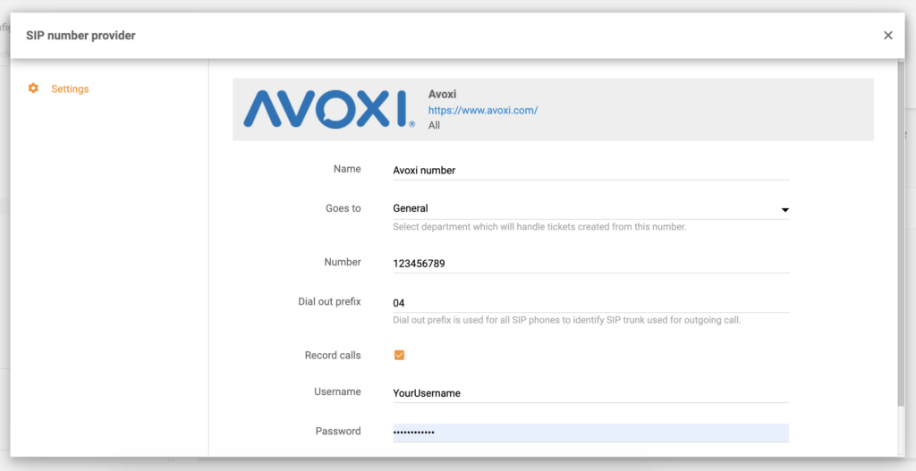 Configuration Avoxi dans la configuration de LiveAgent