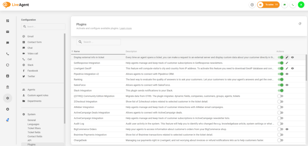 Plugin d'informations externes actif dans la configuration de LiveAgent