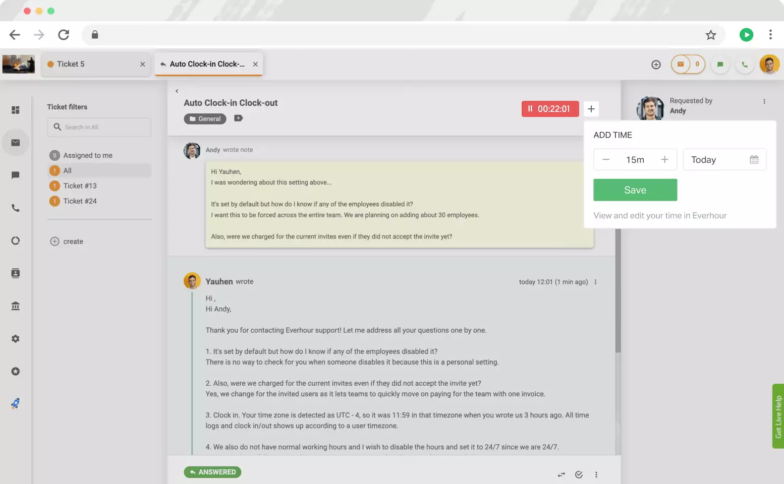 Contrôles Everhour dans LiveAgent