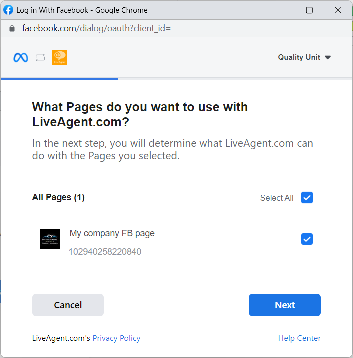 Pop up window that allows you to choose which Facebook pages you want to integrate with LiveAgent