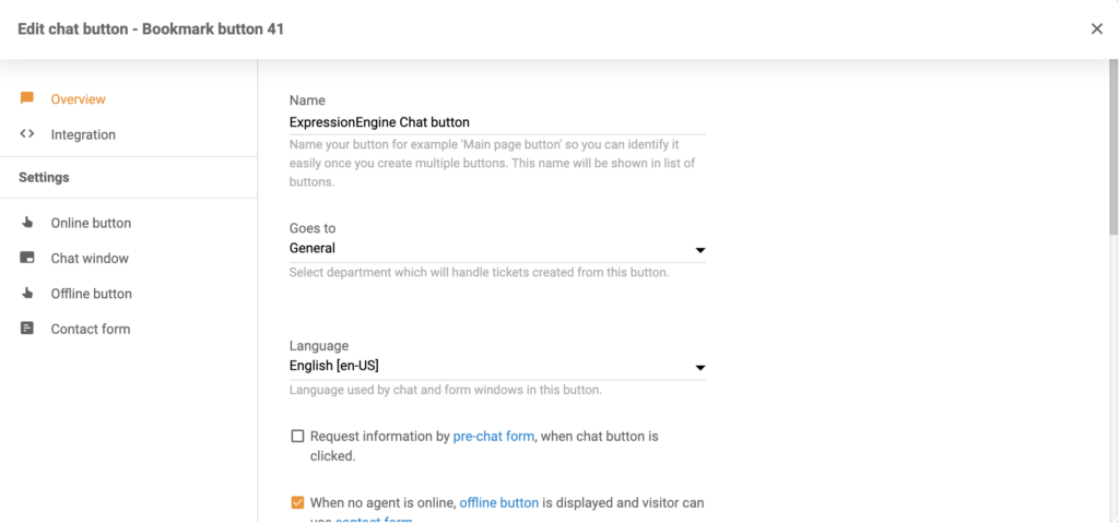 Options de configuration du bouton de chat dans LiveAgent