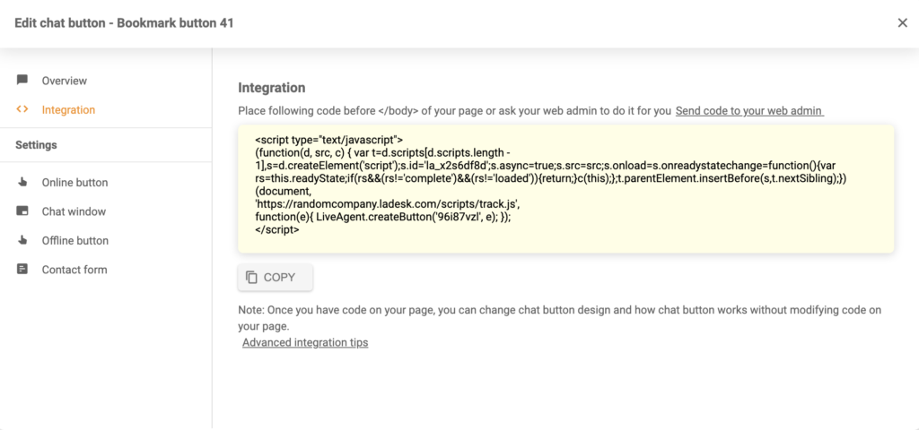 Code d'intégration du bouton de chat généré dans LiveAgent