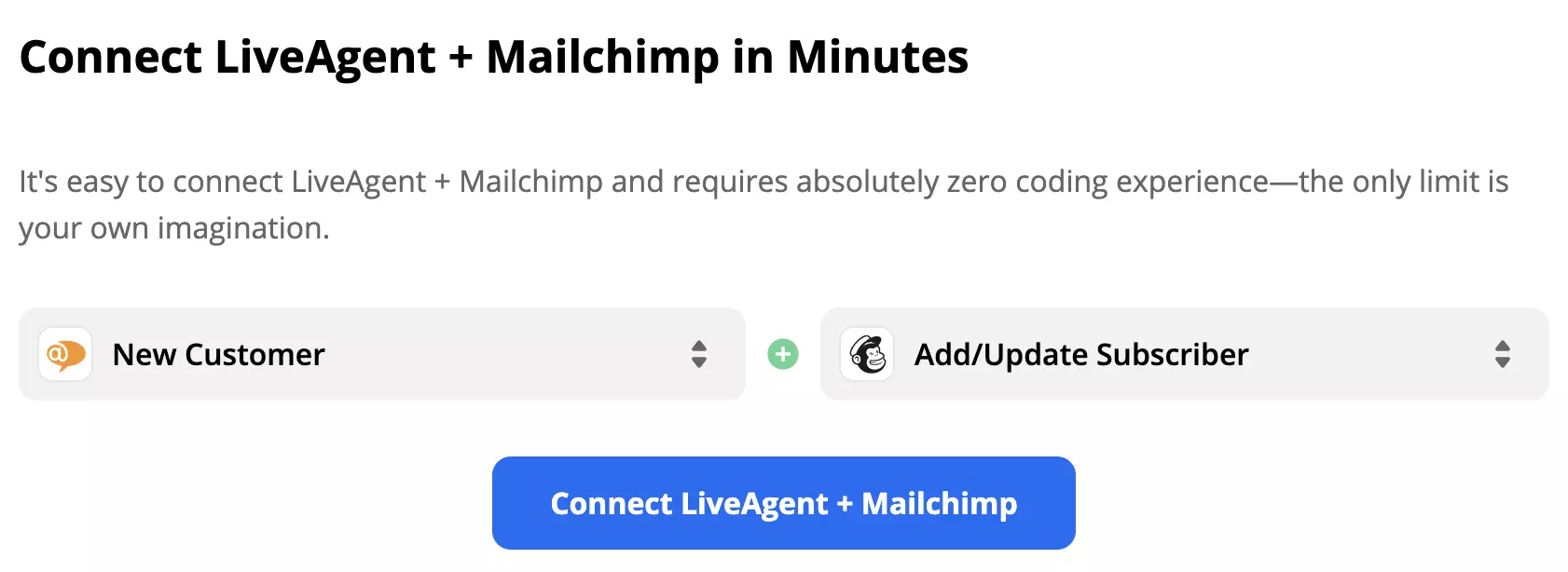 Déclencheur LiveAgent et action Mailchimp sélectionnés