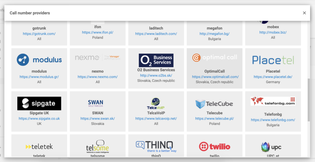 Optimal Call dans la liste des fournisseurs VoIP