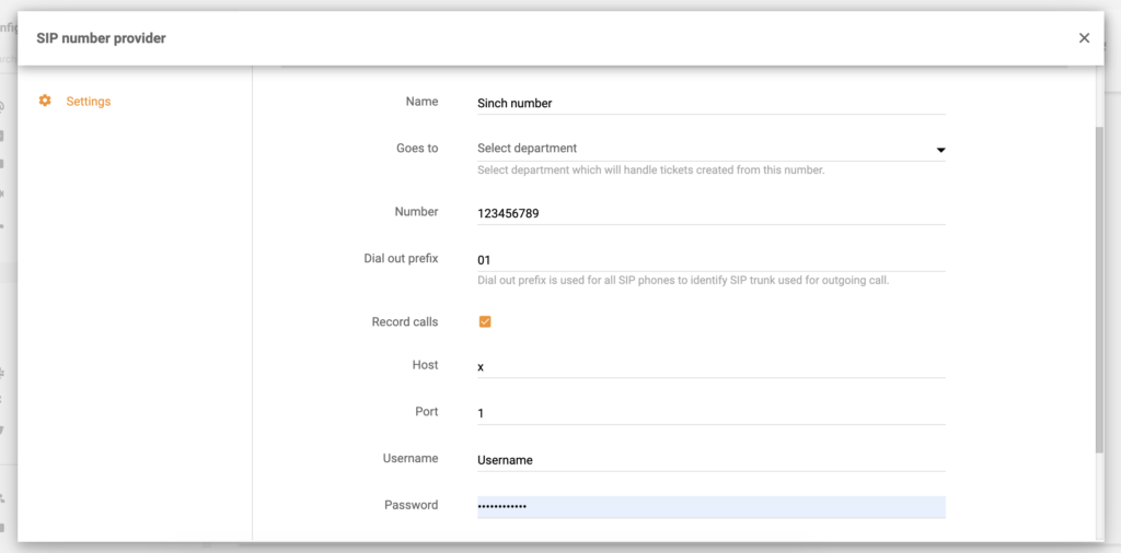 Configuration du numéro Sinch dans LiveAgent