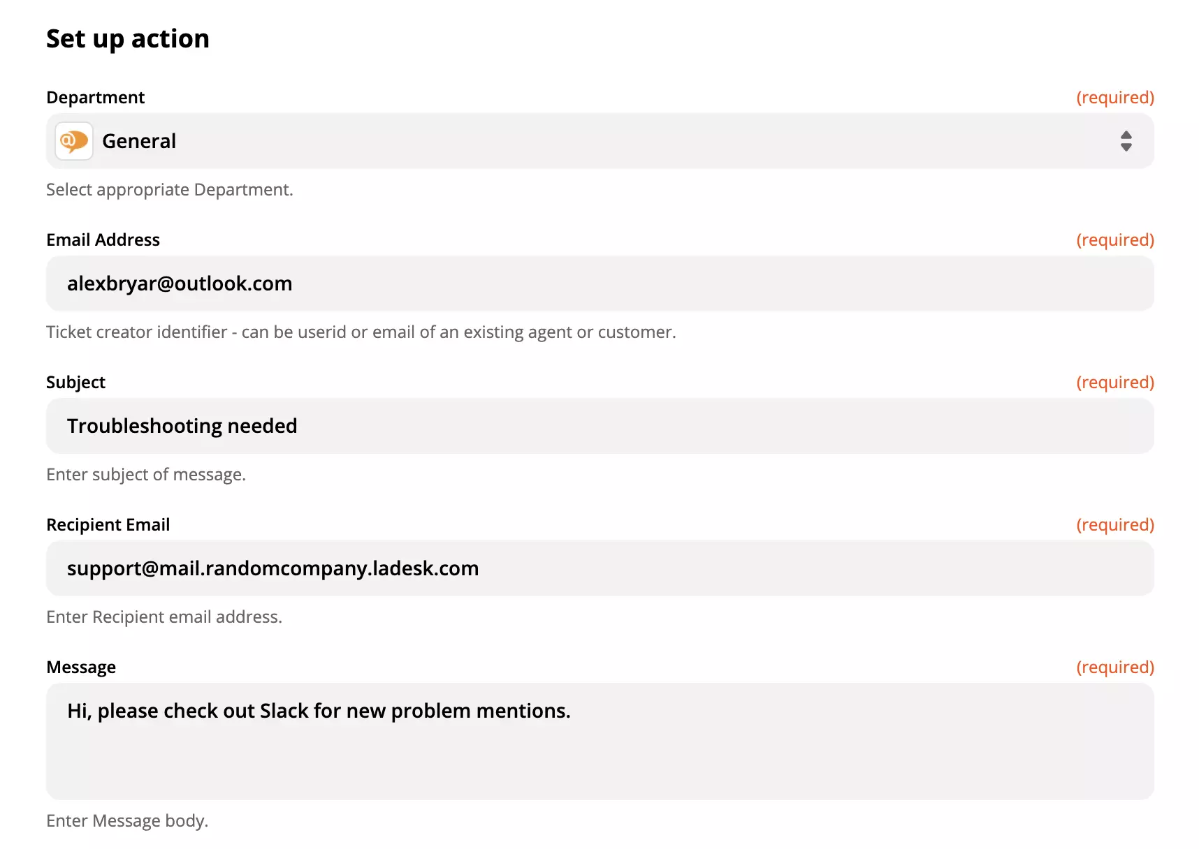 Configuration d'action LiveAgent remplie