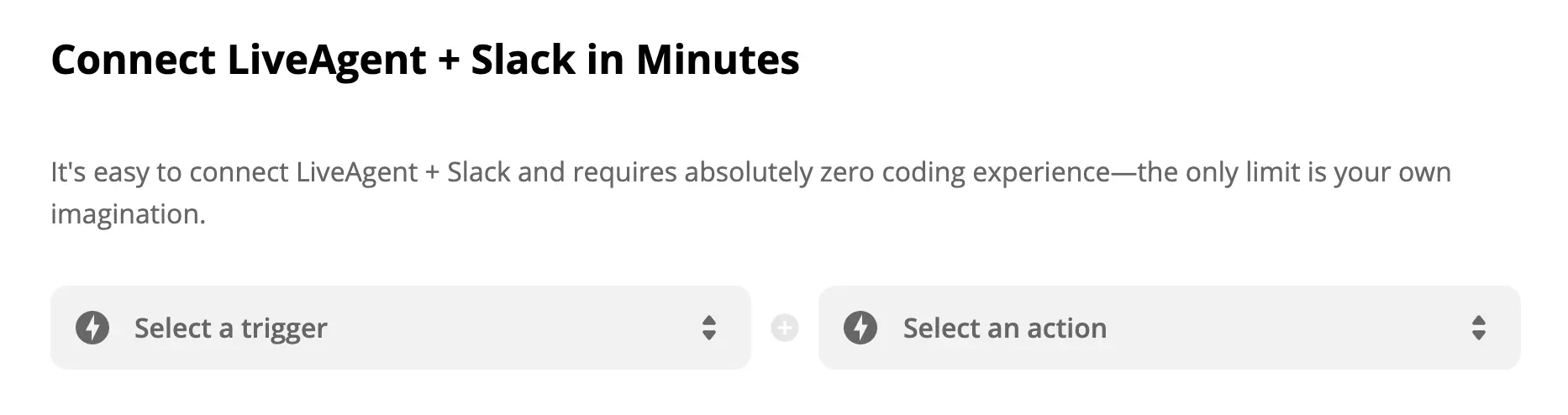 Sélection du déclencheur et de l'action LiveAgent + Slack sur Zapier