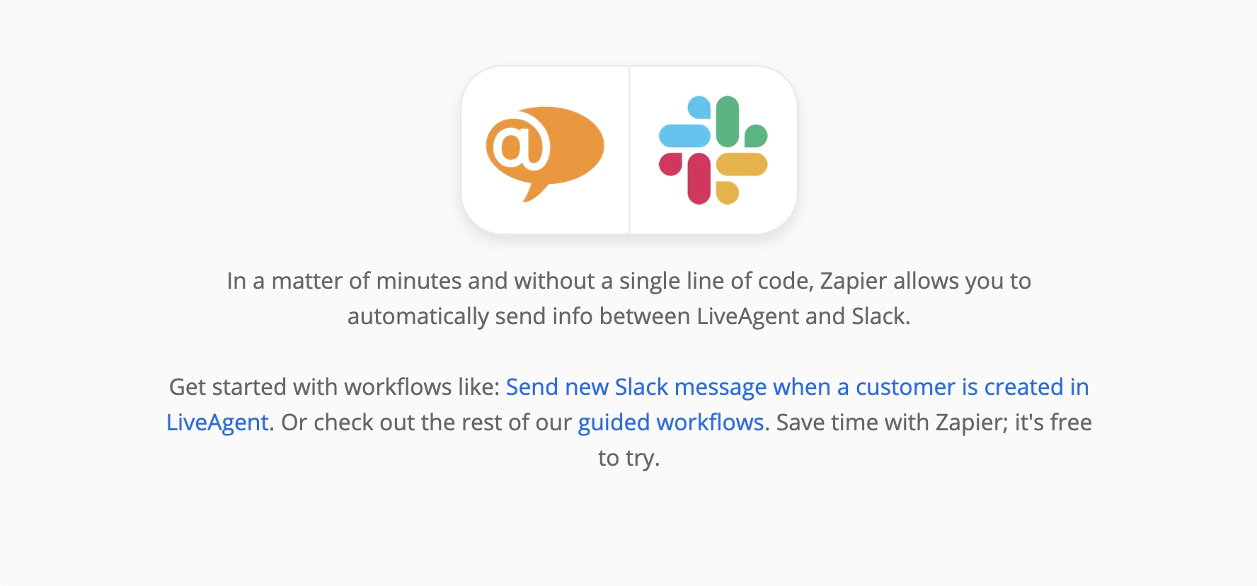 Page Zapier sur les intégrations LiveAgent et Slack