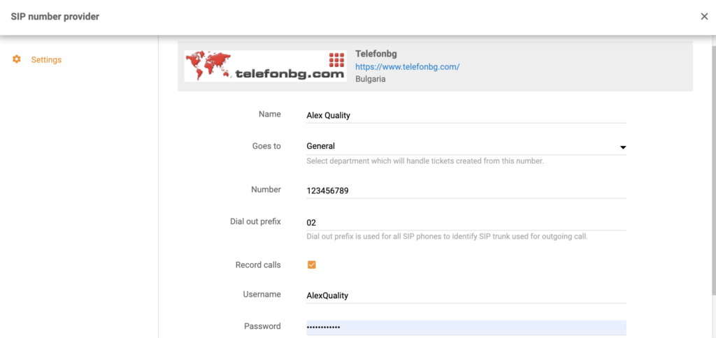 Configuration de TelefonBG lors de l'ajout d'un nouveau numéro de centre d'appels dans LiveAgent
