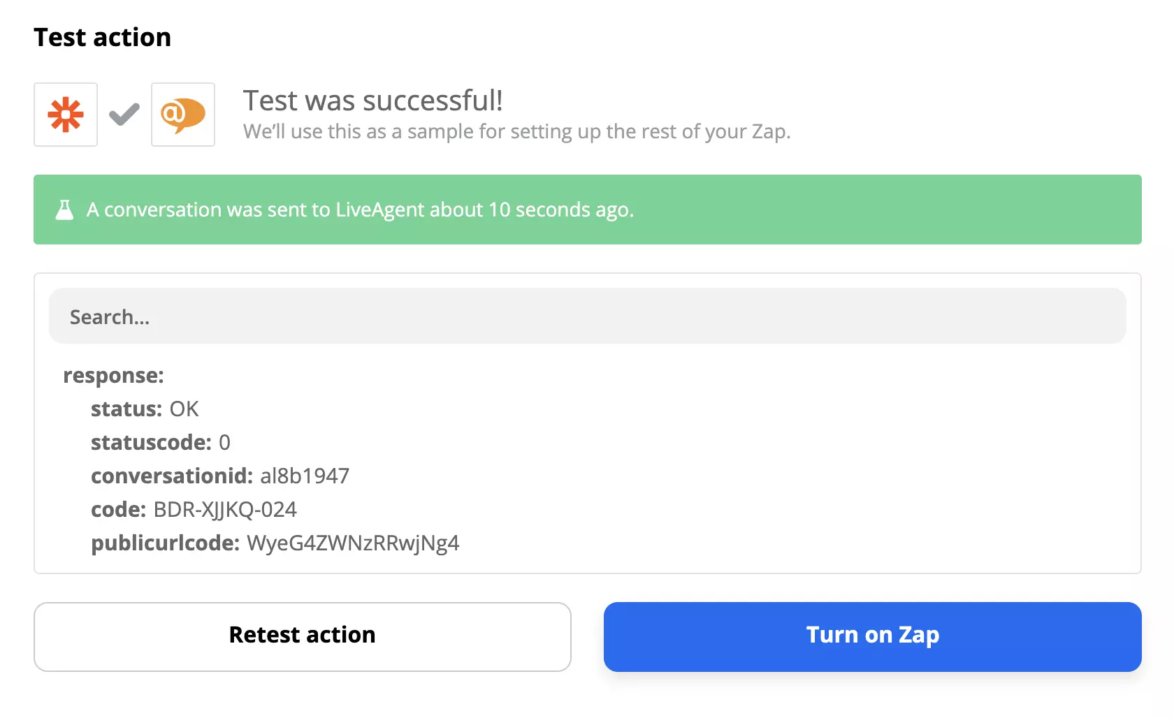 Test réussi d'une intégration Zapier LiveAgent et Trello