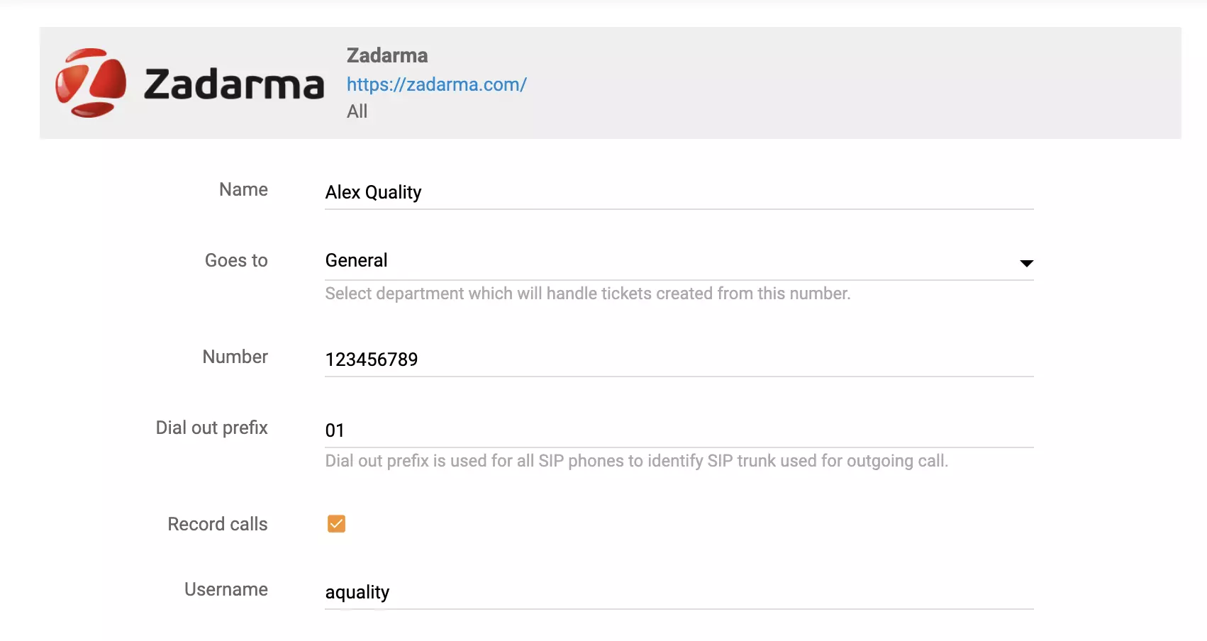 Options de configuration des appels Zadarma dans LiveAgent
