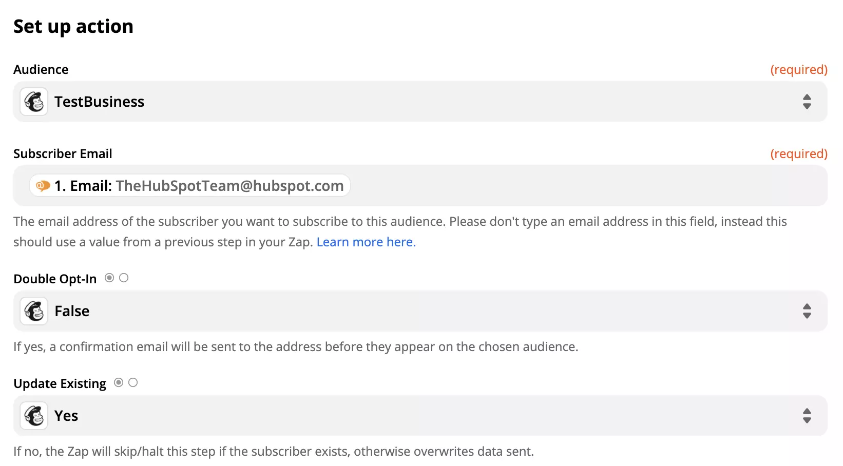 Configuration de l'action Mailchimp