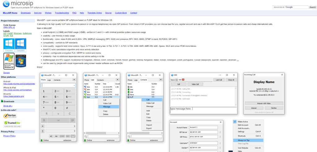 Page d'accueil de MicroSIP