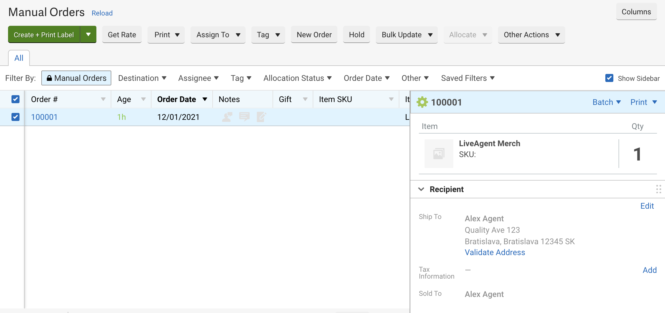 Une nouvelle commande créée dans ShipStation
