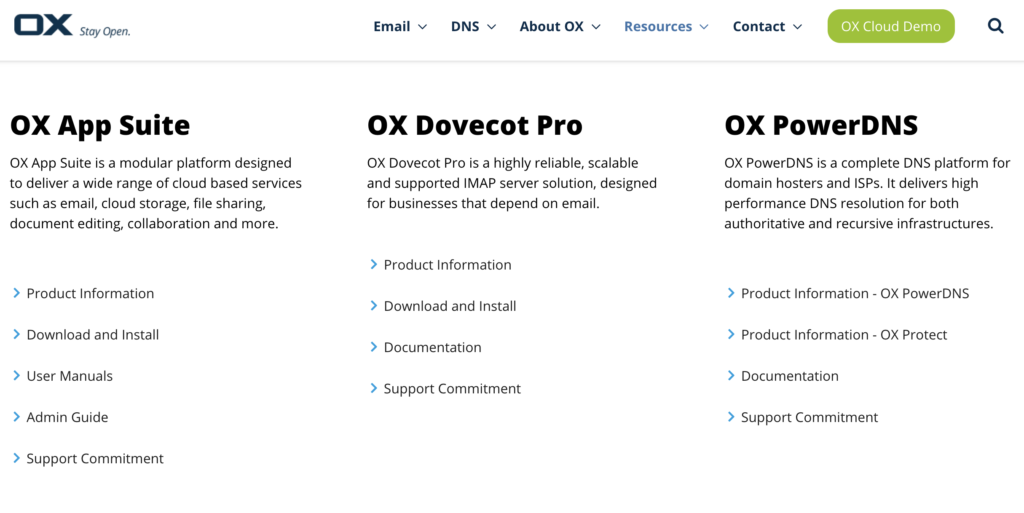 Site Web Open-Xchange avec options de téléchargement et guides