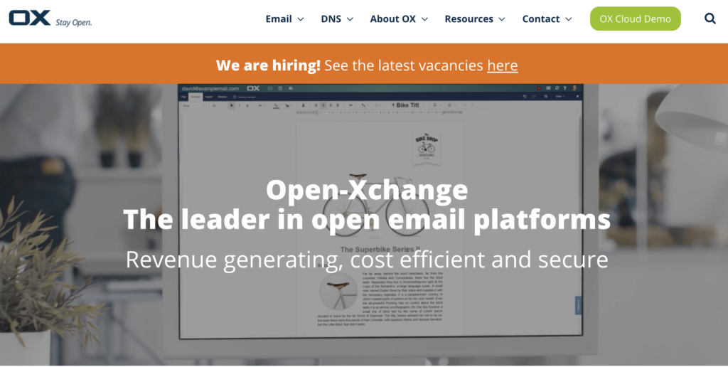 Page d'accueil Open-Xchange avec avantages