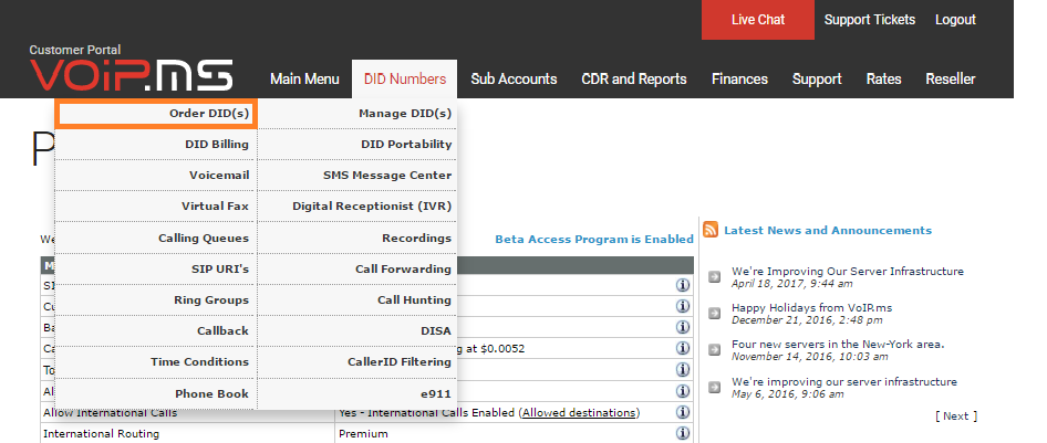 Section des numéros DID dans VoIP.ms