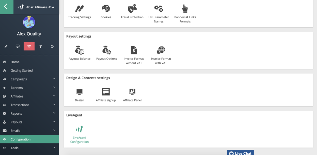 Configuration de LiveAgent dans Post Affiliate Pro