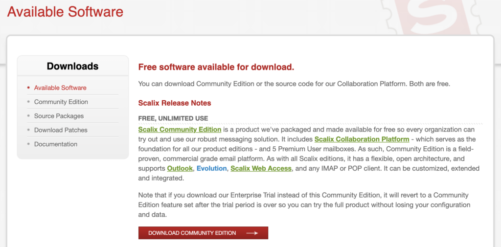 Site Web Scalix avec les téléchargements disponibles et les informations sur les éditions