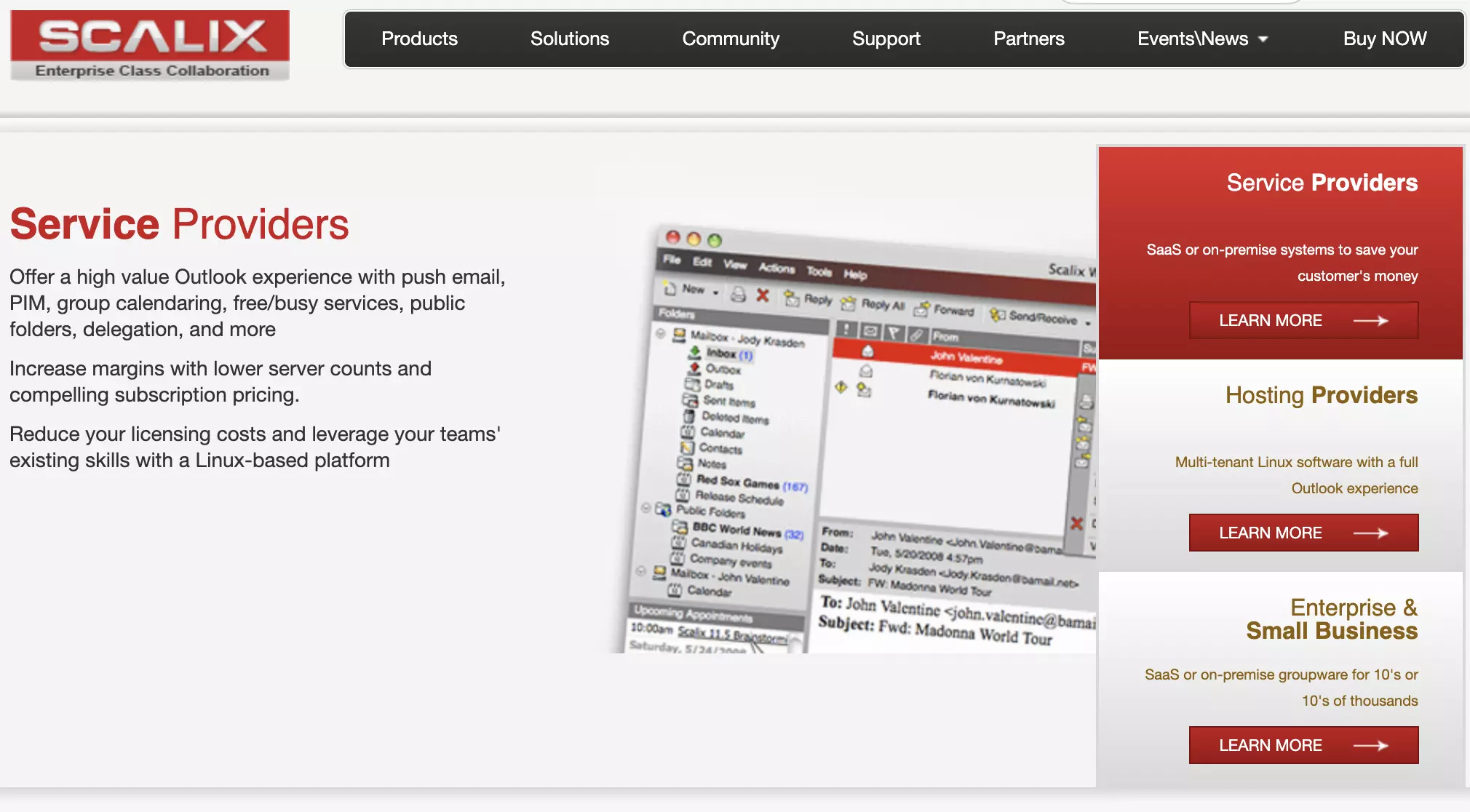 Page d'accueil Scalix avec les fonctionnalités et informations listées