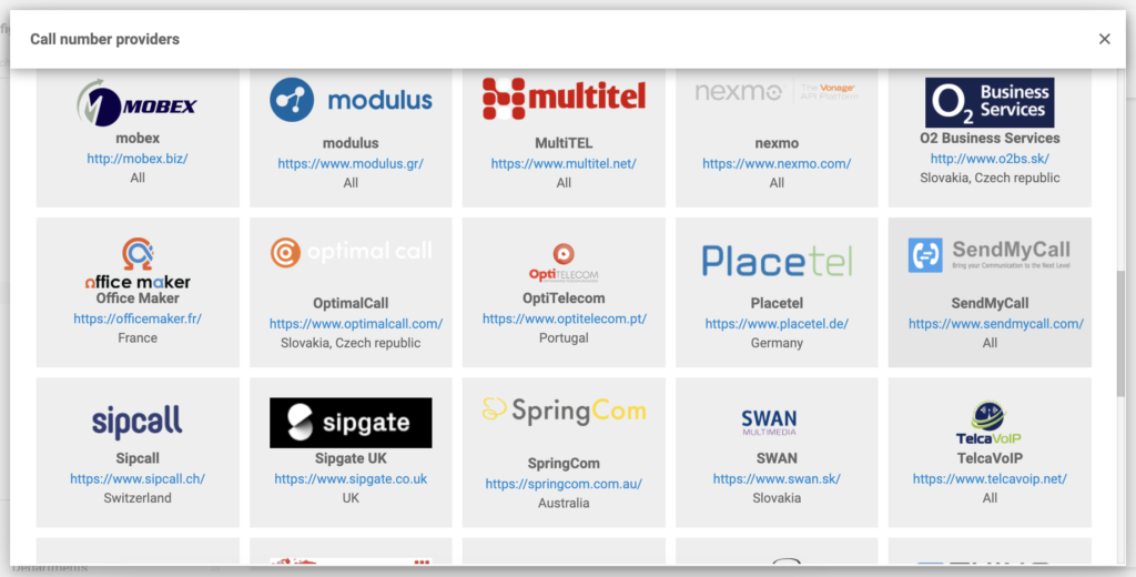 SendMyCall dans la liste des fournisseurs VoIP dans la configuration LiveAgent