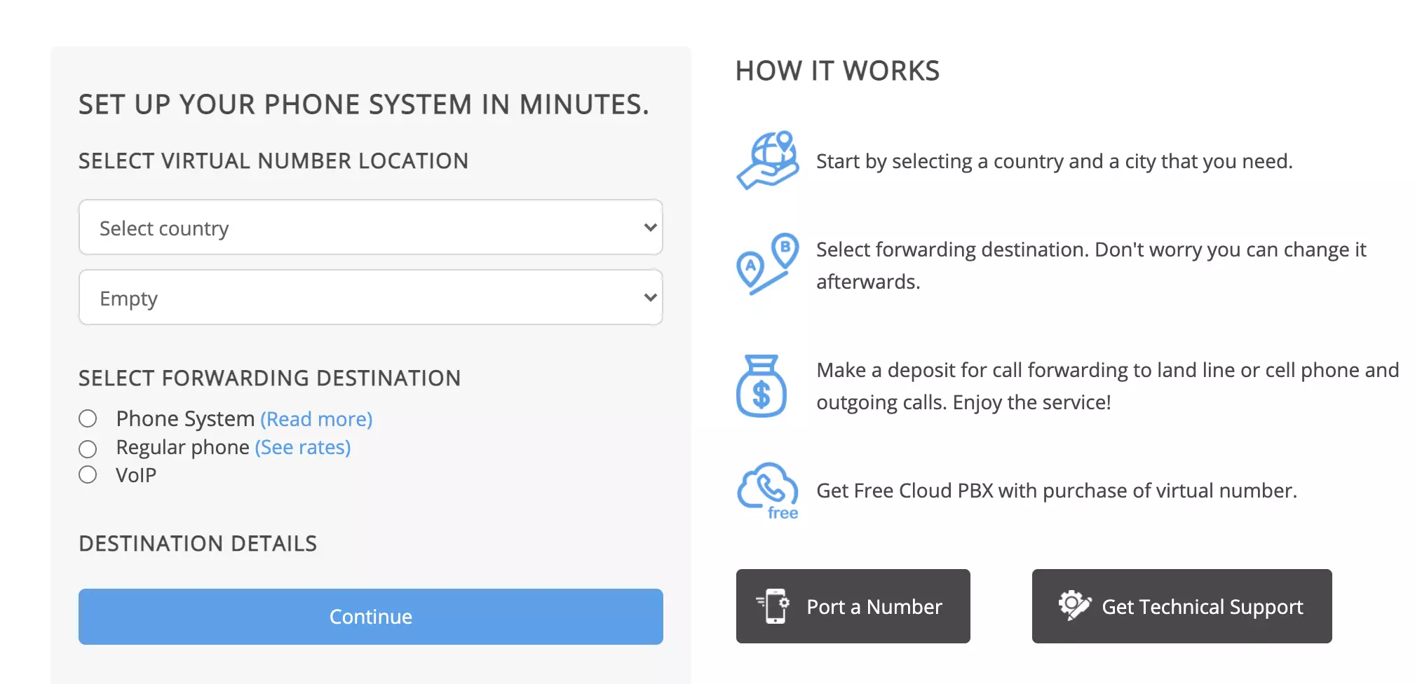 Sélection de numéro SendMyCall avec options de région et de pays
