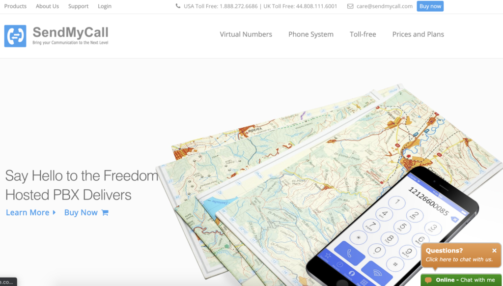 Page d'accueil SendMyCall avec le bouton Acheter maintenant dans le coin supérieur droit