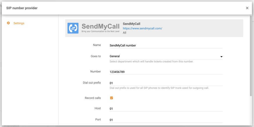 Configuration du numéro SendMyCall dans LiveAgent