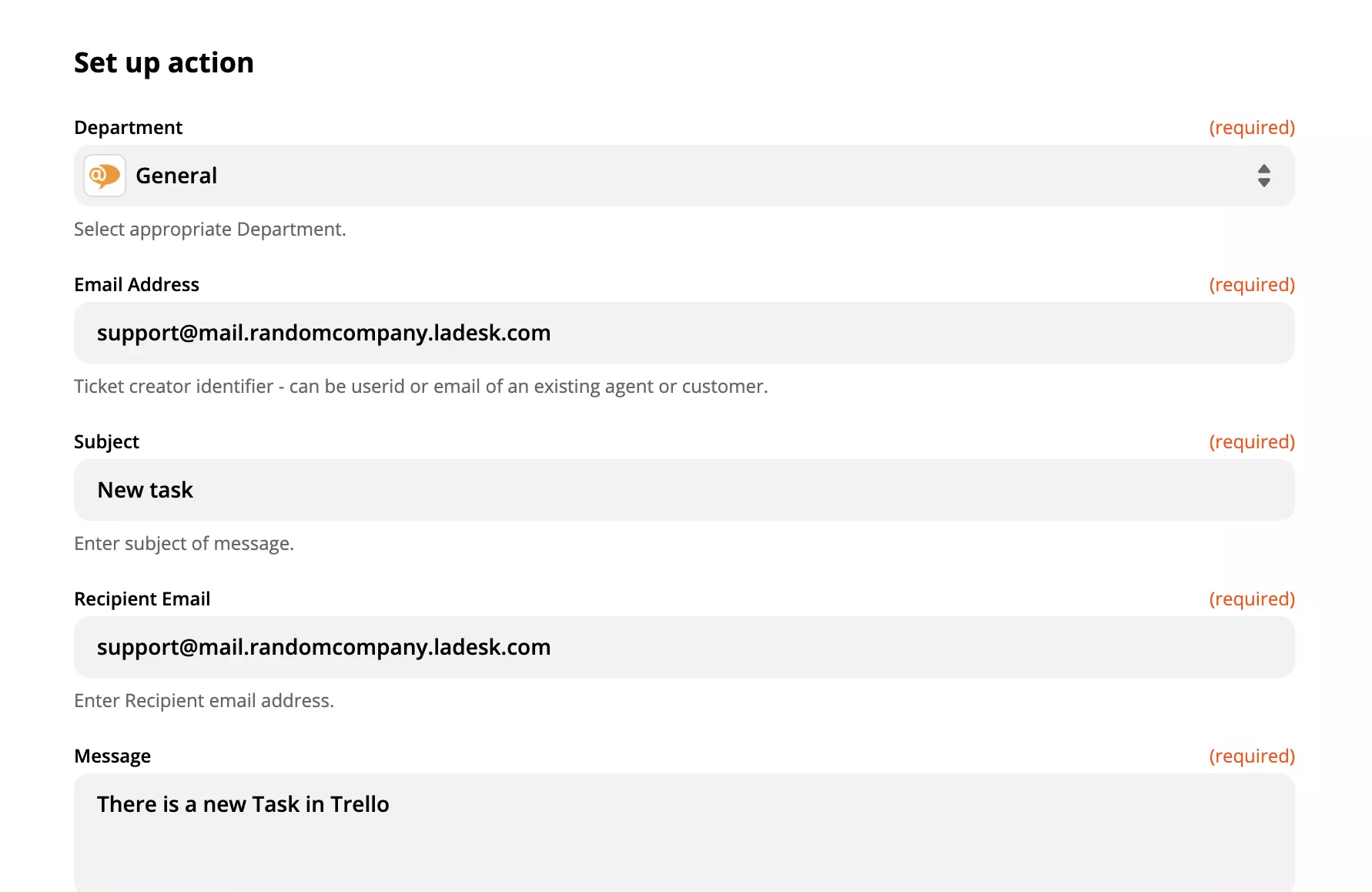Options de personnalisation de l'action Créer une Conversation de LiveAgent