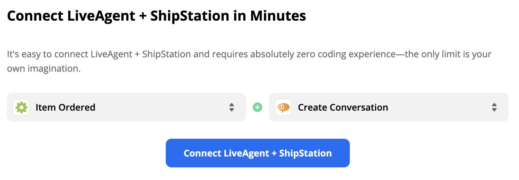 Un déclencheur ShipStation Article commandé et une action LiveAgent Créer une conversation dans la sélection d'intégration Zapier