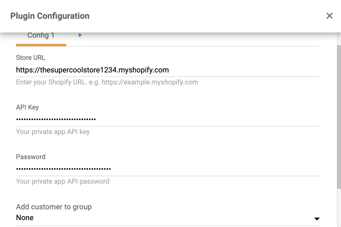 Copier et coller la clé API et le mot de passe dans la configuration du plugin Shopify dans LiveAgent
