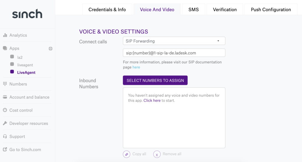 Paramètres de voix et vidéo Sinch dans la nouvelle configuration d'application avec transfert SIP sélectionné